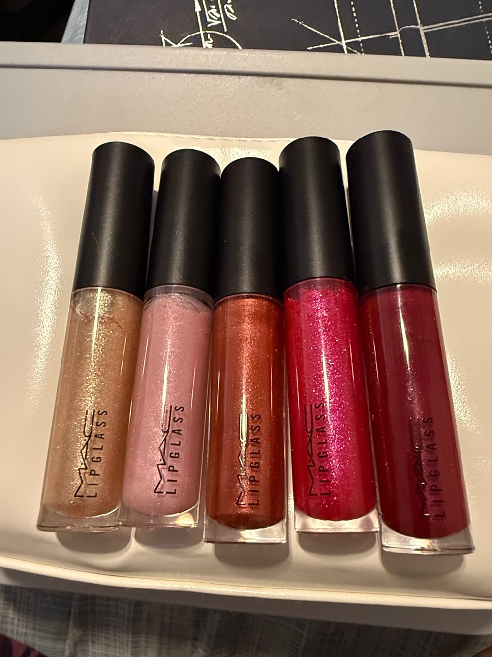 MAC Lipglass Gloss Set — Champagne, Light Pink, Copper, Fuchsia & Deep Red